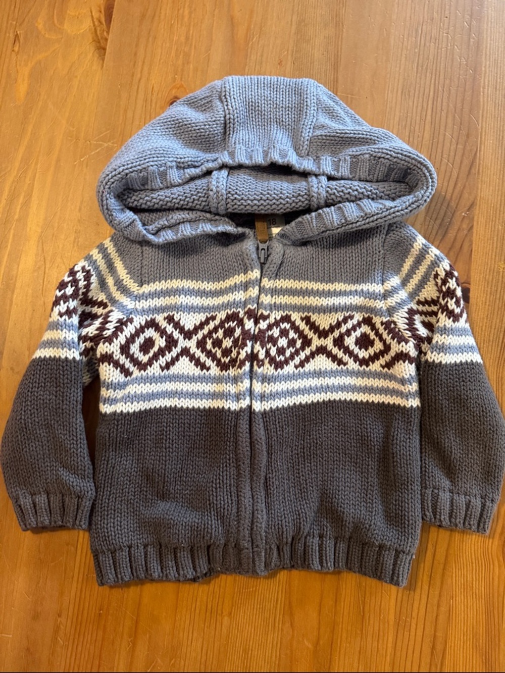 Carter's Hooded Zip Sweater - Gray, Cream & Brown Pattern